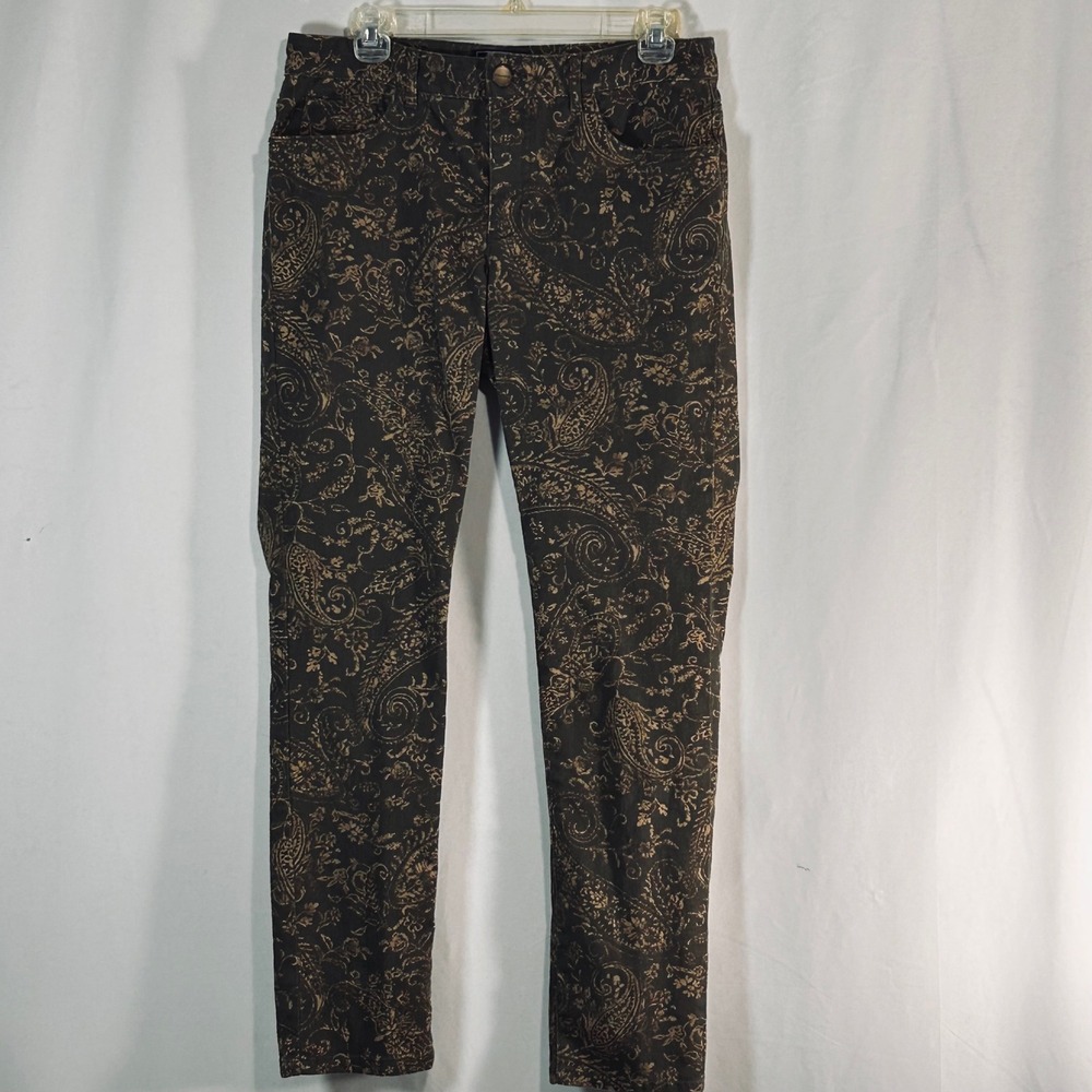 Chaps Denim Womens Paisley Floral Print Pants Olive Green Tan Size 8 Slim Leg